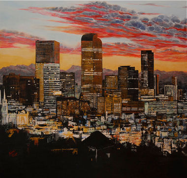 Scarlet Sky over Denver
36" X 36" X 1.5" - Acrylic painting with tones of Metallic and Iridescent paints. applied pallet knife.
