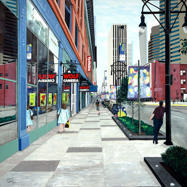 15th & California
48" X 48" X 1.5" - Acrylic - This prolific painting of 15th & California is a familiar walk to anyone familiar with Downtown Denver. This was taken from a photo taken during the Democratic convention in August of 2008.
